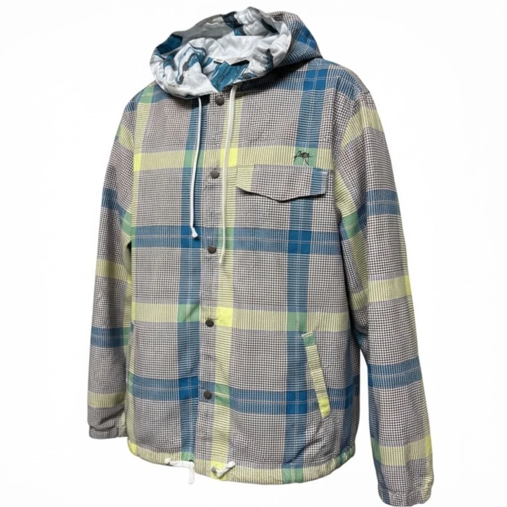 Kirra Men’s Lightweight Hooded Plaid Windbreaker Jacket Large Snap Front Lined